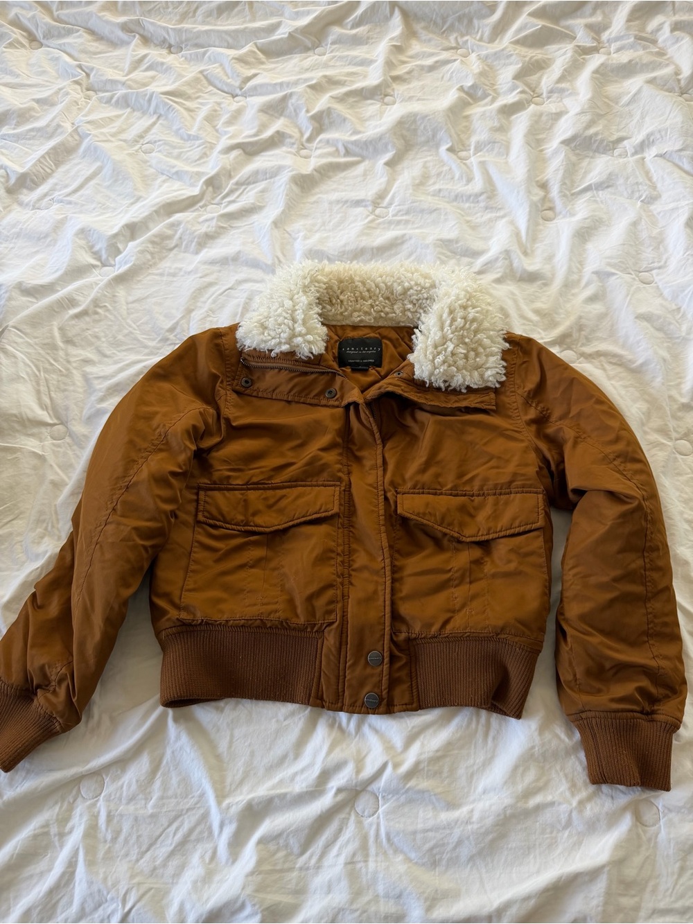 Sanctuary Rust Brown Jacket with Cream Shearling Collar